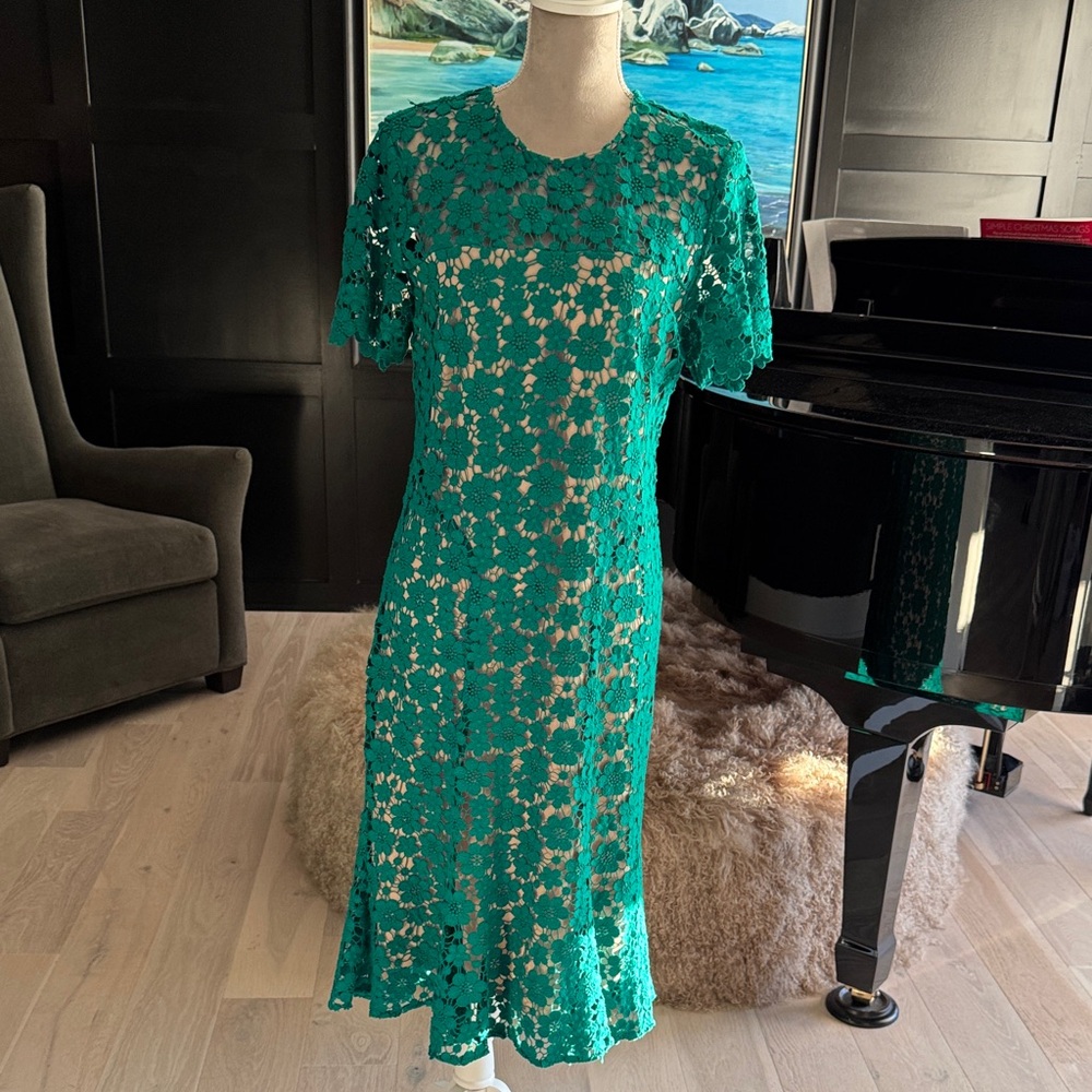 Shoshanna Teal Green Floral Lace Midi Dress